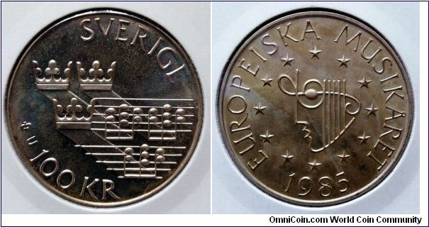 Sweden 100 kronor.
1985, European Music Year. Ag 925. Weight; 16g. Diameter; 32mm. Mintage: 125.000 pcs.