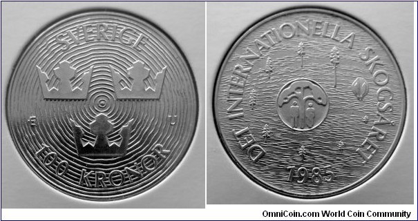 Sweden 100 kronor. 1985, International Year of Forest. Ag 925. Weight; 16g. Diameter; 32mm. Mintage: 120.000 pcs.