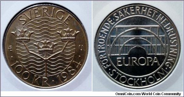 Sweden 100 kronor. 1984, Stockholm Conference. Ag 925. Weight; 16g. Diameter; 32mm. Mintage: 300.000 pcs.