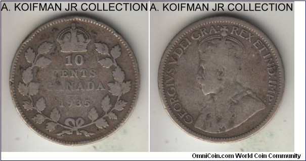 KM-23a, 1935 Canada 10 cents; silver, reeded edge; late George V, smallest mintage of the type, average circulated.