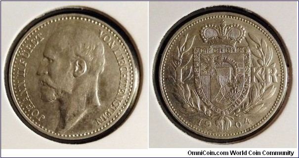 Liechtenstein 1 krone. 
1904, Johann II. Ag 835. Weight; 5g. Diameter; 23mm. Mintage: 75.000 pcs.