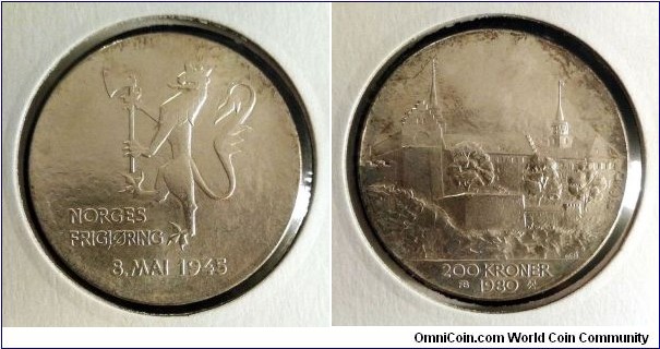 Norway 200 kroner.
1980, 35th Anniversary of Liberation. Ag 625. Weight; 26,8g. Diameter; 36mm. Mintage: 298.399 pcs.