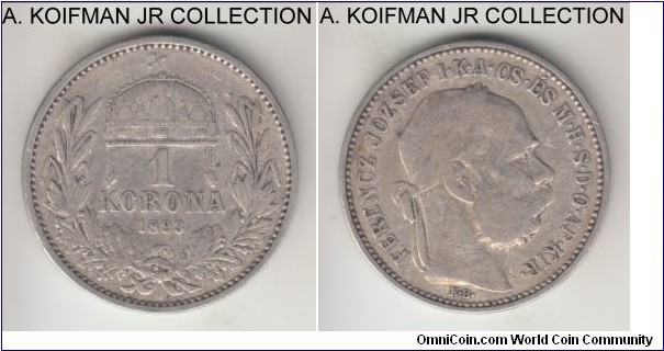 KM-484, 1893 Hungary (Austro-Hungarian Empire) corona, Kremnitz mint (KB mint mark); silver, lettered edge; Franz Joseph I, good fine or so.