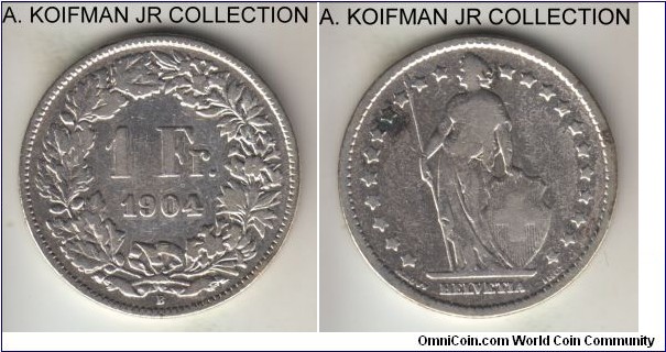 KM-24, 1904 Switzerland franc, Berne mint (B mint mark); silver, reeded edge; standard Confederation coinage, scarcer year, about very good and cleaned.