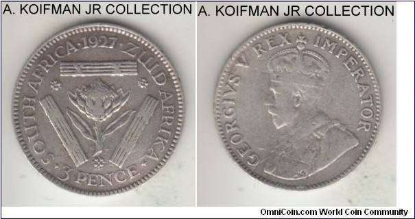KM-15.1, 1927 South Africa (Dominion) 3 pence; silver, plain edge; George V, fine or so, cleaned in the past.