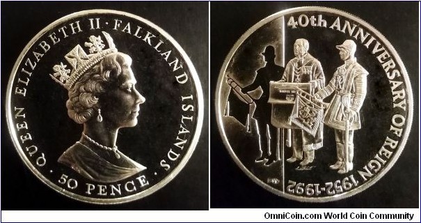 Falkland Islands 50 pence. 1992, 40th Anniversary of the Accession of Queen Elizabeth II.

