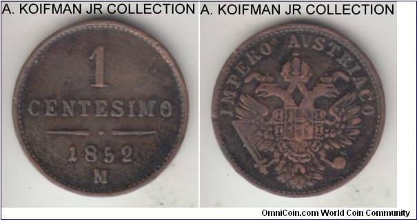 C#29.1, 1852 Lombardy-Venetia (Italian State) centesimi, Milan mint (M mint mark); copper, plain edge; about very fine details.