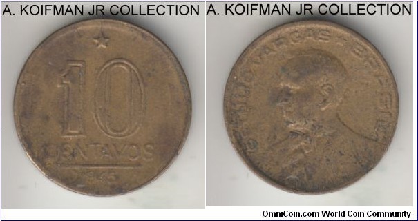 KM-555a.2, 1945 Brazil 10 centavos; aluminum-bronze, plain edge; irregular weight of 3.3 gr while stadard was 3 gr, no initials variety, average circulated.