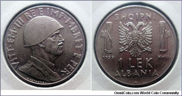 Albania (Italian occupation) 1 lek. 1939, Stainless steel.