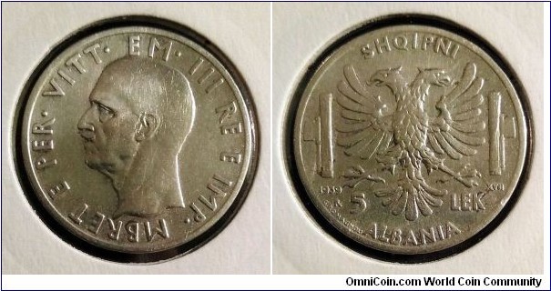 Albania (Italian occupation) 5 lek. 1939, Ag 835. Weight; 5g. Diameter; 23,1mm. Mintage: 1.350.000 pcs.