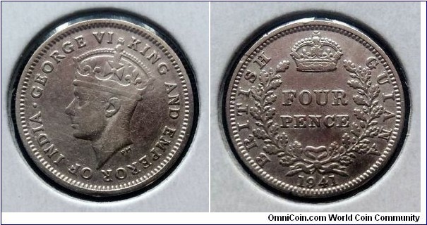 British Guiana 4 pence. 1941, Ag 925. Weight; 1,88g. Diameter; 17mm. Mintage: 120.000 pcs.