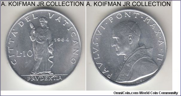 KM-79.2, 1964 Vatican 10 lire; aluminum, plain edge; Year Ii of Pope Paul VI, mintage 90,000, good uncirculated.