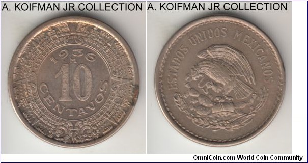 KM-432, 1936 Mexico 10 centavos, Mexico City mint (Mo mint mark); copper-nickel, plain edge; lustrous almost uncirculated, edge stain.