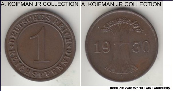 KM-37, 1930 Germany (Weimar Republic) reichspfennig, Berlin mint (A mint mark); bronze, plain edge; common mint, brown uncirculated or almost.