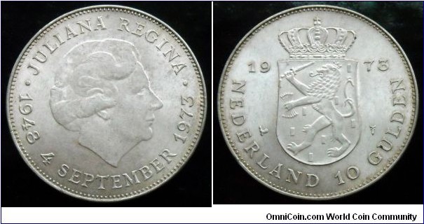 Netherlands 10 gulden. 1973, 25th Anniversary of the Reign of Queen Juliana. Ag 720. Weight; 25g. Diameter; 38mm. Mintage: 4.500.000 pcs.