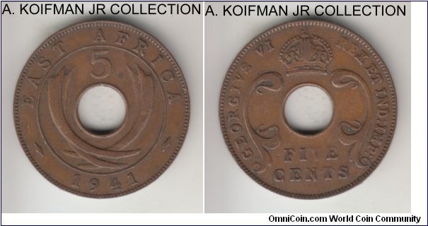 KM-25.1, 1941 East Africa 5 cents, Royal Mint (no mint mark); bronze, plain edge; George VI, thick flan variety weigh 6.37 gr, very fine, some older cleaning.