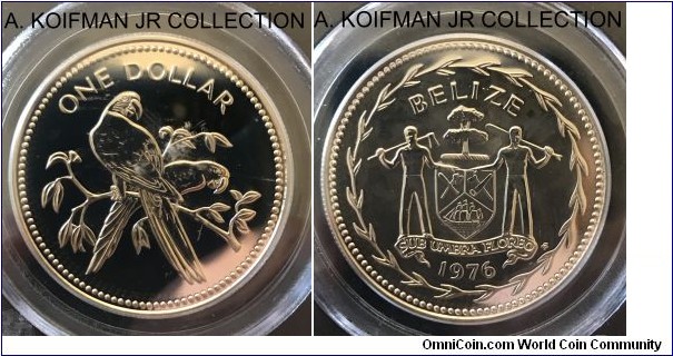 KM-43, 1976 Belize dollar, Franklin Mint (FM mint mark in monogram); copper-nickel, reeded edge, uncirculated finish; PCGS graded PL65, mintage 759 pieces in sets.