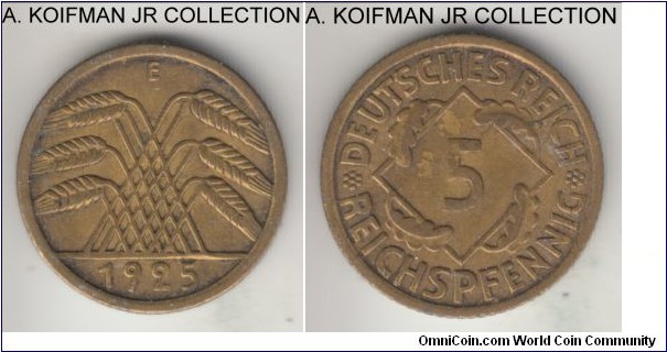 KM-39, 1925 Germany (Weimar Republic) 5 reichspfennig, Mildenhutten mint (E mint mark); aluminum-bronze, reeded edge; common early Weimar type, very fine or about.