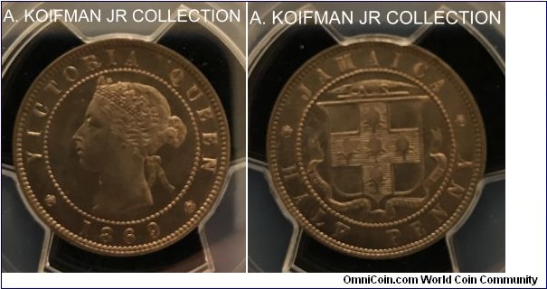 KM-16, 1869 Jamaica 1/2 penny; copper-nickel, plain edge; Victoria, first standard coinage, PCGS graded MS64.
