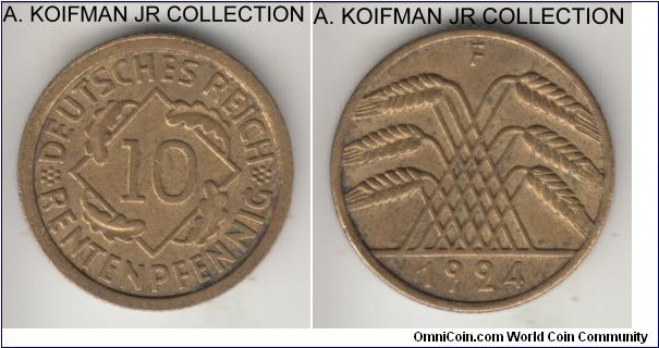 KM-33, 1924 Germany (Weimar Republic) 10 rentenpfennig, Stuttgart mint (F mint mark); aluminum-bronze, plain edge; early Weimar type, good extra fine, some luster remaining.