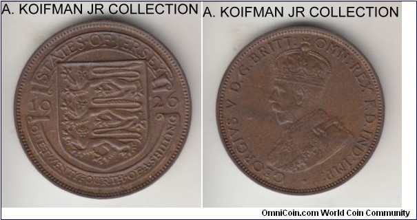 KM-13, 1926 Jersey 1/24'th of a shilling; bronze, plain edge; George V, second type, brown uncirculated.