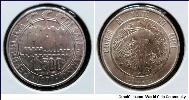 San Marino 500 lire. 1977, Protection of Nature. Ag 835. Weight; 11g. Diameter; 29,3mm. Mintage: 180.000 pcs.