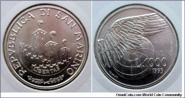 San Marino 1000 lire. 1993, Ag 835. Weight; 14,6g. Diameter; 31,4mm. Mintage: 35.000 pcs.