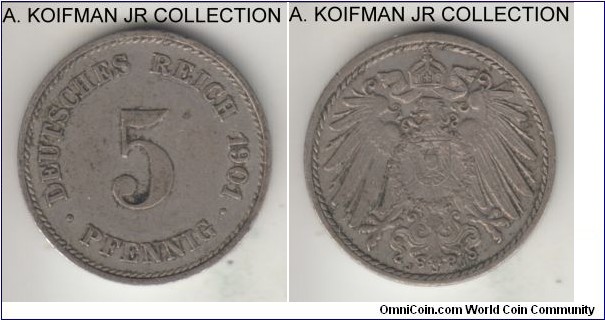 KM-11, 1901 Germany (Empire) 5 pfennig, Hamburg mint (J mint mark); copper-nickel, plain edge; Wilhelm II, one of the smaller mintage mints, good very fine.