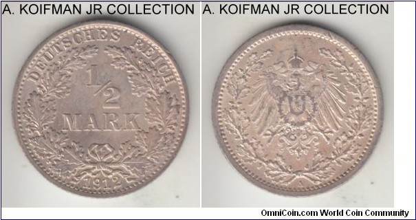 KM-17, 1912 Germany (Empire) 1/2 mark, Berlin mint (A mint mark); silver, reeded edge; Wilhelm II, one of the smaller mintage year/mint, good extra fine.