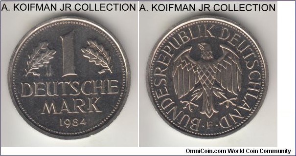 KM-110, 1984 Germany (Federal Republic) mark, Stuttgart mint (F mint mark); copper-nickel, ornamented edge; business strike from mint set, uncirculated, small scuff on reverse.