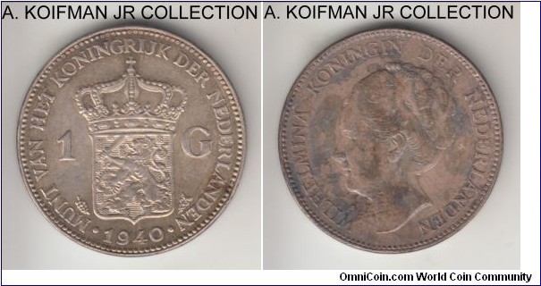 KM-161.1, 1940 Netherlands gulden; silver, incuse lettered edge; Wilhelmina I, extra fine details, possibly cleaned, glue or lacquered obverse.