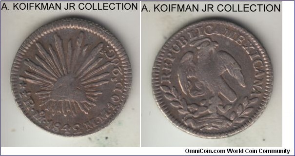 KM-370.9, 1842 Mexico (Republic) 1/2 real, Mexico City mint (Mo mint mark), MM essayer initials; silver, corded edge; First Republic, common but nice coin in good very fine or so condition.