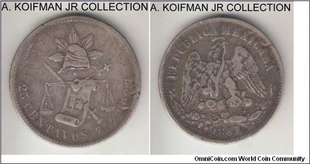 KM-406.9, 1877 Mexico 25 centavos, Zacatecas mint (Zs mint mark); silver, reeded edge; Second Republic period, relatively common mint/year, good fine or so.