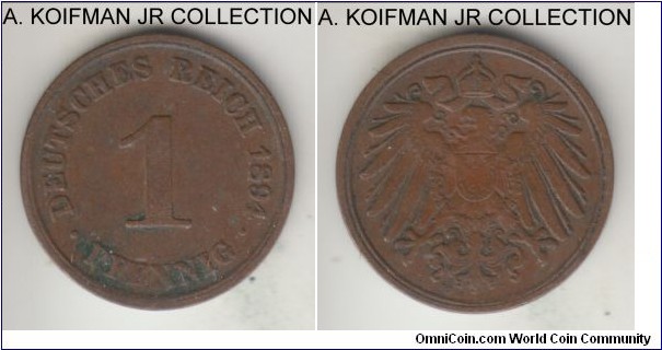 KM-10, 1894 Germany (Empire) pfenning, Munich mint (D mint mark); copper, plain edge; Wilhelm II, good very fine, a bit of grime on obverse.