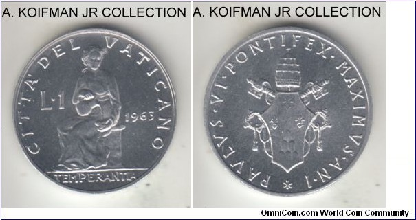 KM-76.1, 1963 Vatican lira; aluminum, plain edge; Year I of Pope Paul VI, mintage 60,000, bright gem uncirculated.