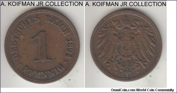 KM-10, 1894 Germany (Empire) pfenning, Berlin mint (A mint mark); copper, plain edge; Wilhelm II, most common mint, brown good very fine.
