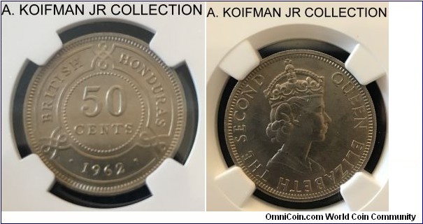 KM-28, 1962 British Honduras 50 cents; copper-nickel, reeded edge; mintage 50,000, gem uncirculated NGC graded MS 66.