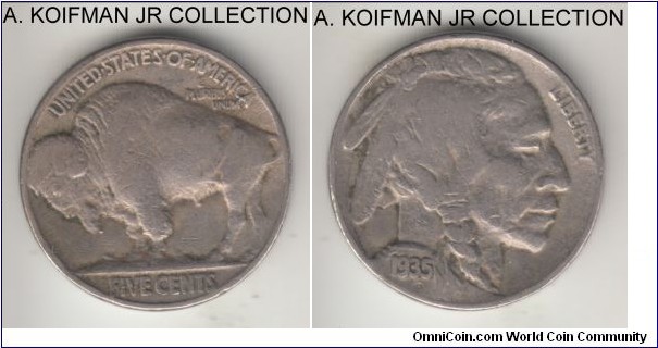 KM-134, 1935 United States of America 5 cents, Philadelphia mint (no mint mark); copper-nickel, plain edge; Buffalo nickel, good fine, clear date.