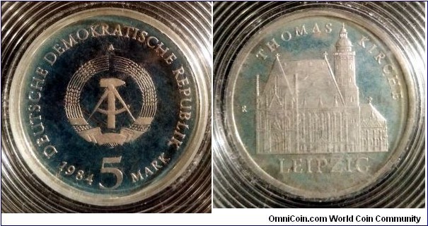German Democratic Republic (East Germany) 5 mark. 1984, Thomas Church of Leipzig. Proof variety in originally mint package with lead seal. Reverse toned.  Mintage: 5.500 pcs.