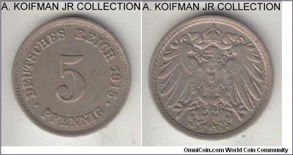 KM-11, 1915 Germany (Empire) 5 pfennig, Muldenhutten mint (E mint mark); copper-nickel, plain edge; Wilhelm II, scarcer mint/year, good extra fine.