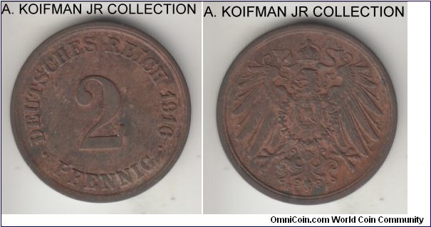 KM-16, 1916 Germany (Empire) 2 pfennig, Stuttgart mint (F mint mark); copper, plain edge; Wilhelm II, last year of imperial copper coinage, darker brown extra fine.