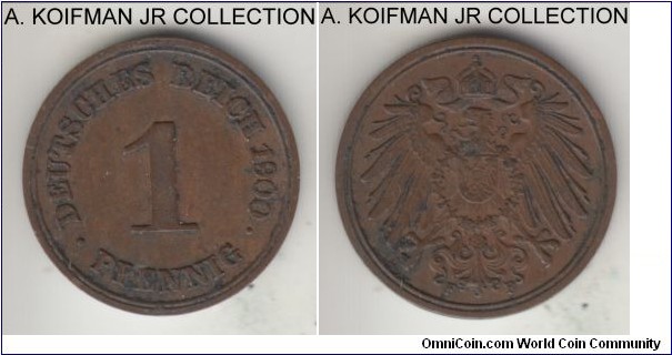 KM-10, 1900 Germany (Empire) pfennig, Stuttgart mint (F mint mark); copper, plain edge; Wilhelm II, good very fine, a bit dirty.