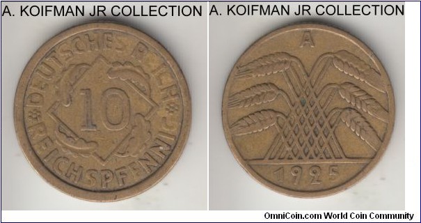 KM-40, 1925 Germany (Weimar Republic) 10 reichspfennig, Berlin mint (A mint mark); aluminum-bronze, plain edge; early Weimar type, average circulated, good fine or so.
