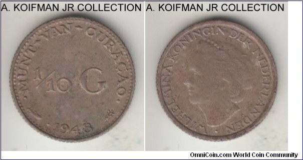 KM-48, 1948 Curacao 1/10 gulden, Utrecht mint; silver, reeded edge; Wilhelmina I, 1-year type, good very fine and toned.