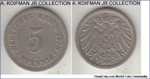 KM-11, 1908 Germany (Empire) 5 pfennig, Berlin mint (A mint mark); copper-nickel, plain edge; Wilhelm II, common mint, good very fine to extra fine.
