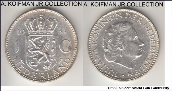 KM-184, 1954 Netherlands gulden; silver, lettered edge; Juliana, almost uncirculated.