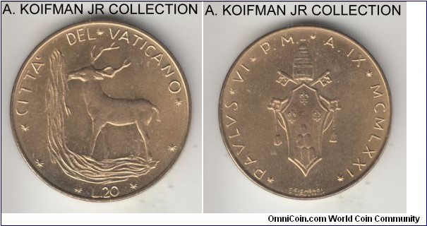 KM-120, 1971 Vatican 20 lire; aluminum-bronze, plain edge; Paul VI, year IX, bright uncirculated.