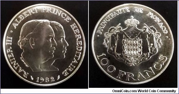 Monaco 100 francs. 1982, Rainier III. Heir Apparent Prince Albert. Ag 900. Weight; 15g. Diameter; 31mm. Mint; Monnaie de Paris. Mintage: 30.000 pcs.
