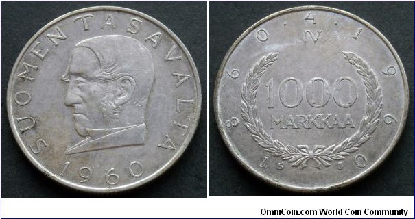 Finland 1000 markkaa. 1960, Markka Currency System Centennial - Johan Vilhelm  Snellman. Ag 875. Weight; 14g. Diameter; 30mm. Mintage: 201.000 pcs.

