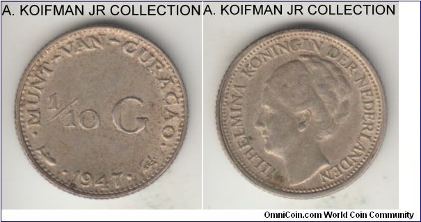 KM-43, 1944 Curacao 1/10 gulden, Utrecht mint; silver, reeded edge; Wilhelmina, extra fine or about.
